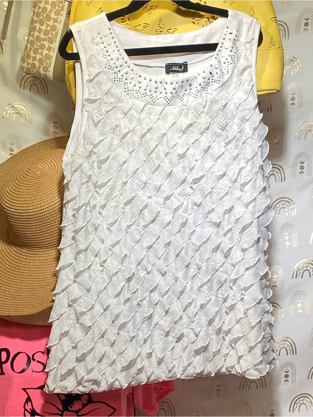 Ashley Judd White Ruffle Tank with Beaded Neckline